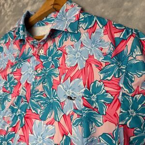 Vineyard Vines OTG Sankaty Polo Shirt Mens Medium Blue Pink Floral Performance
